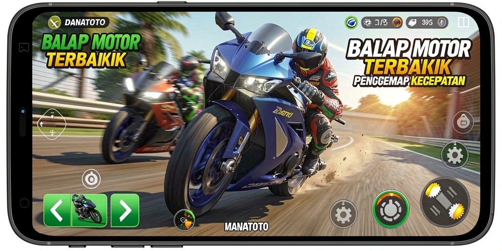 Screenshot gameplay <strong>DANATOTO</strong> yang menampilkan balapan motor yang seru dan cepat.