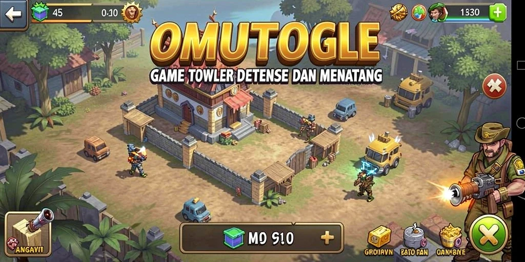 Screenshot gameplay OMUTOGEL, menunjukkan aksi Tower Defense yang seru.